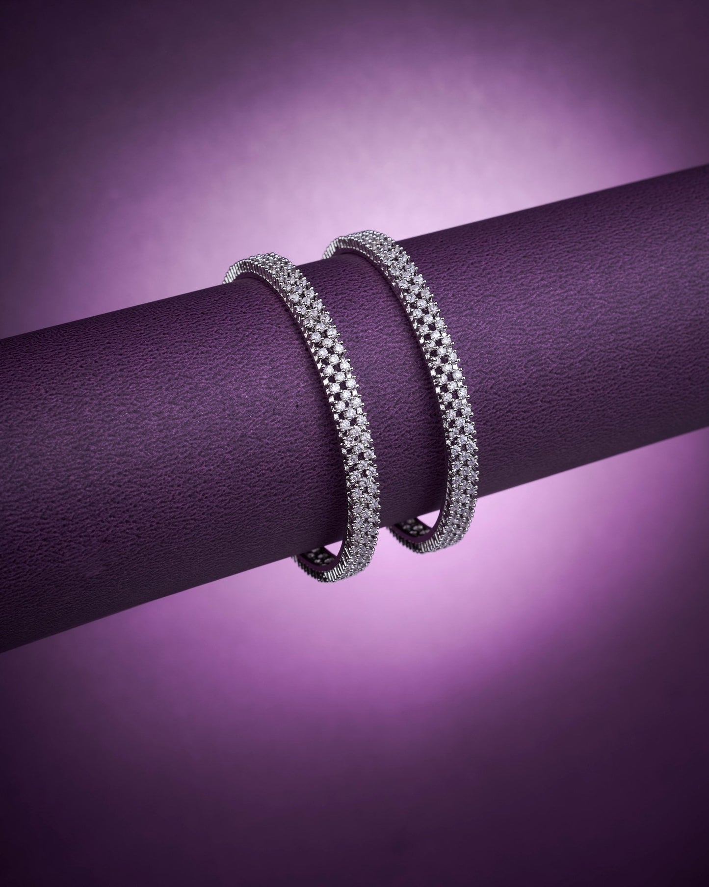 Opal Touch - 3 Line AD Studded Rhodium Plated Bangles (Pack of 2) - Bangles