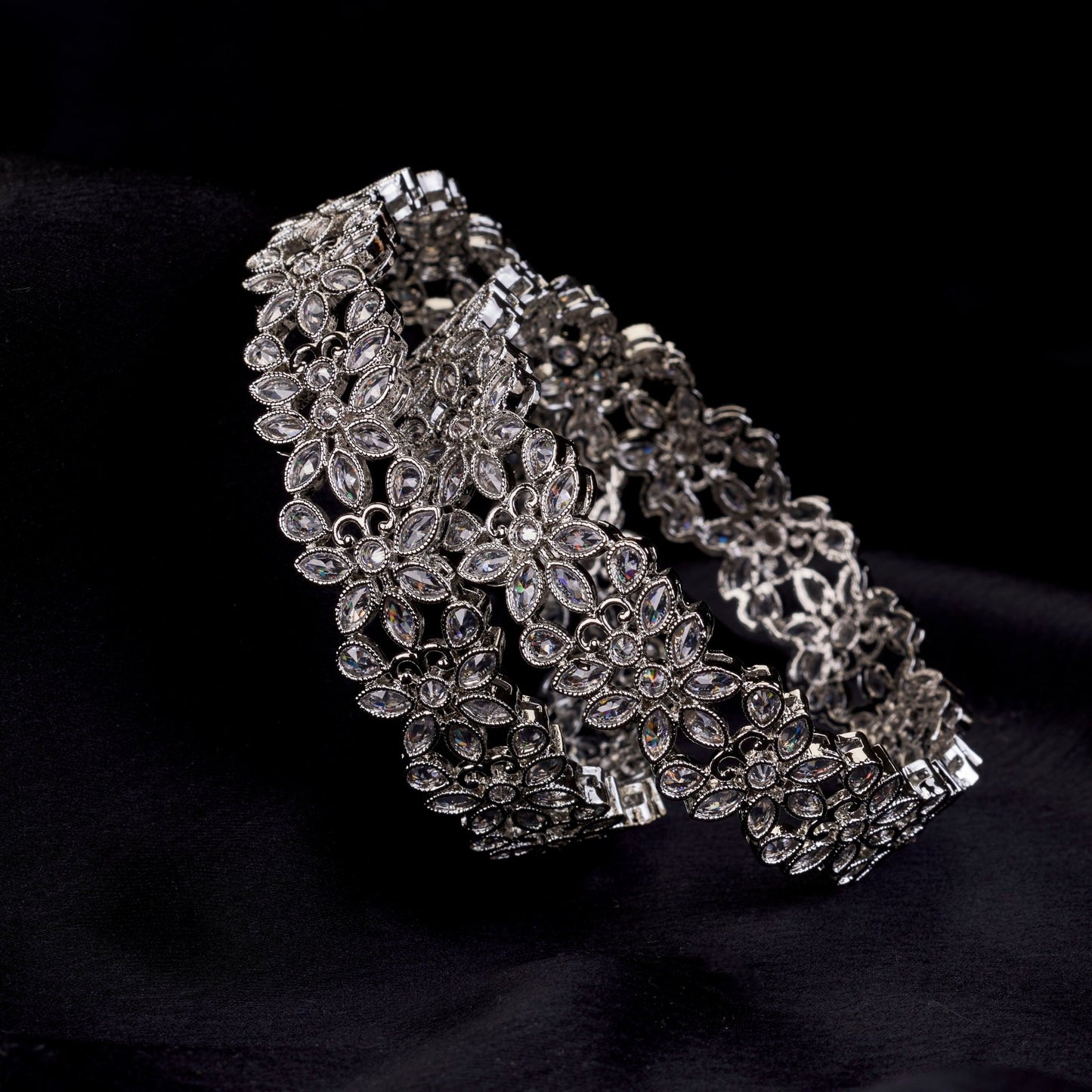 Bangles - Floral Cascade Rhodium Plated Bangles - Opal Touch