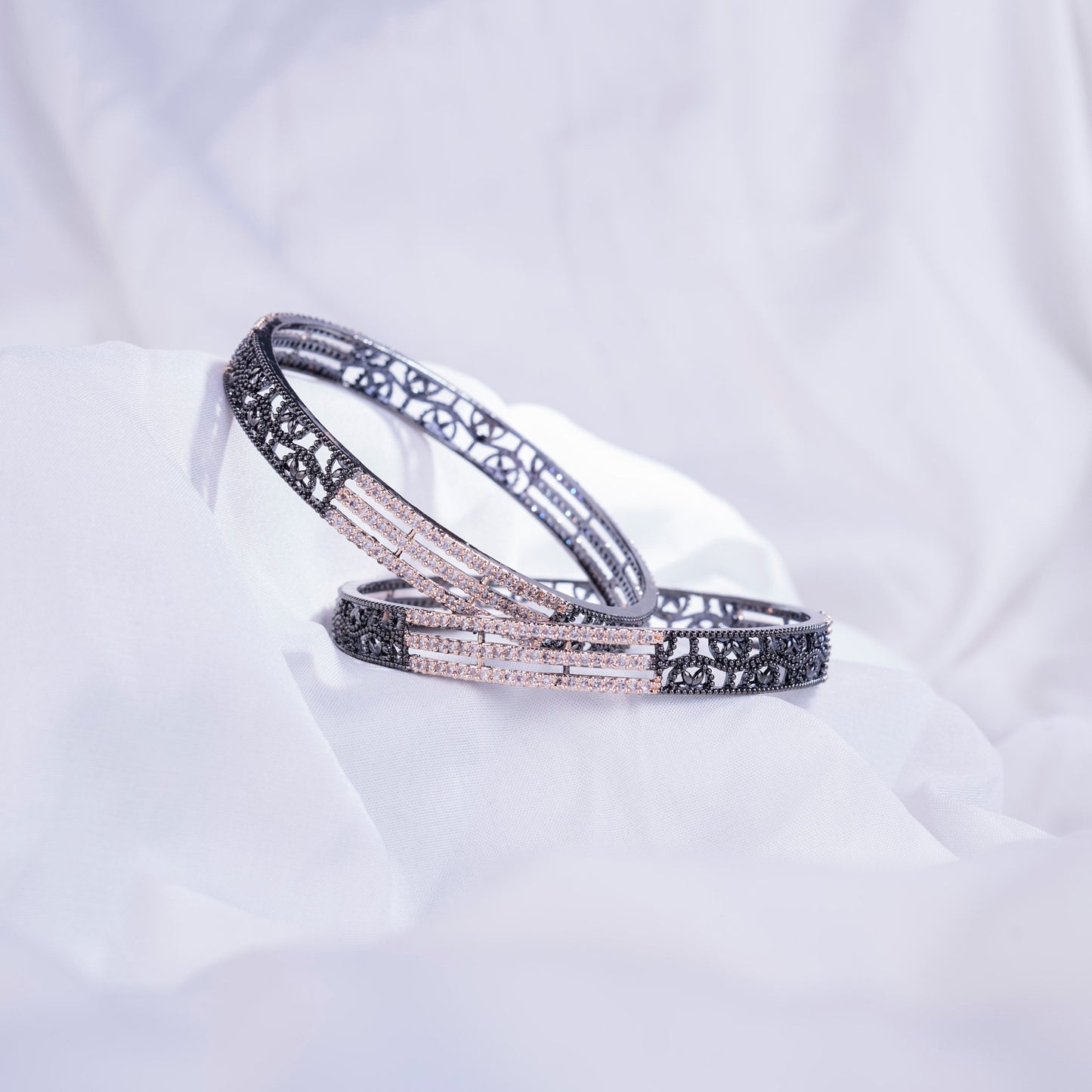 Opal Touch - Slim 3 Layered Rose Gold-Black Bangles Set (Pack of 2) - Bangles