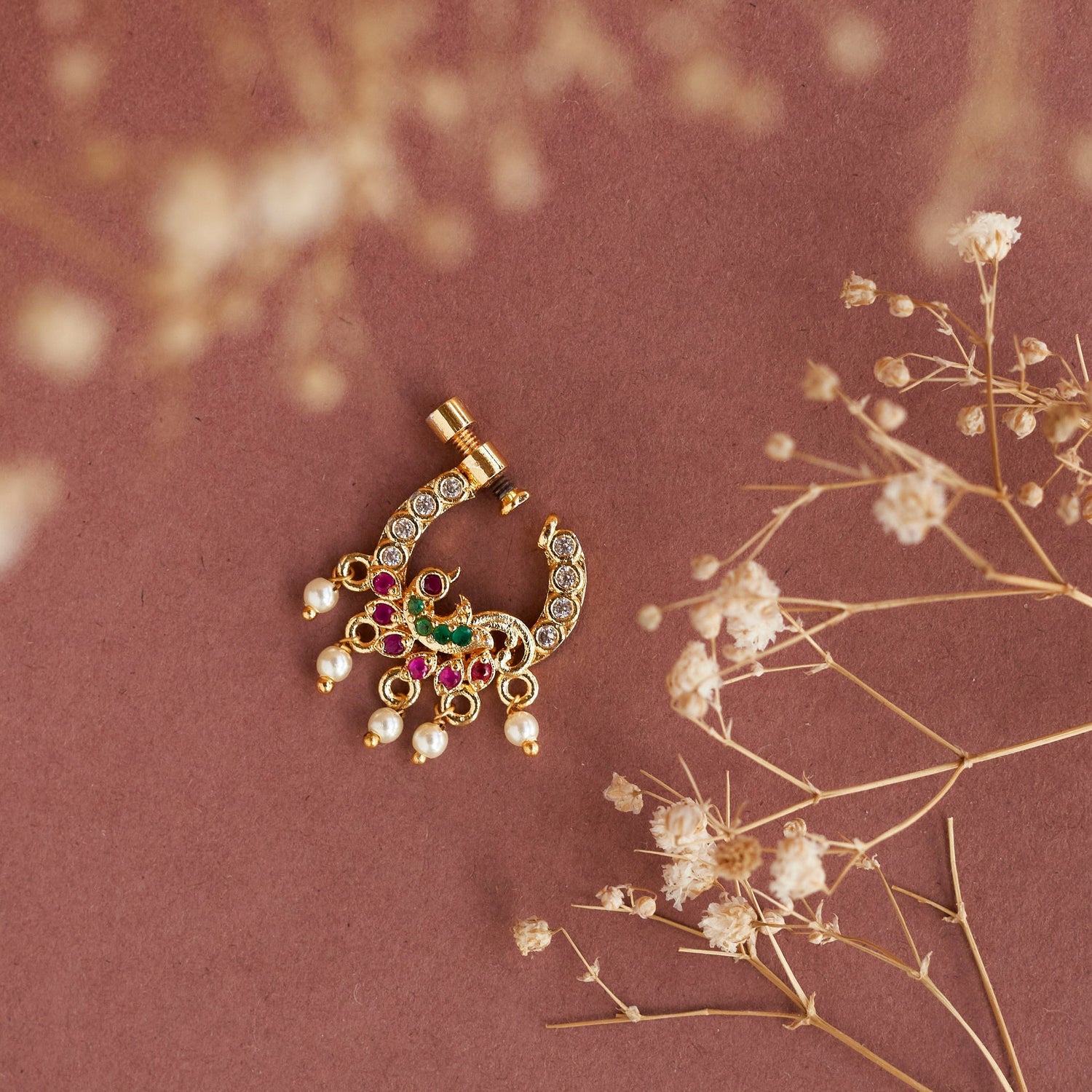 Traditional nose pin styled with ethnic Indian attire - Opal Touch