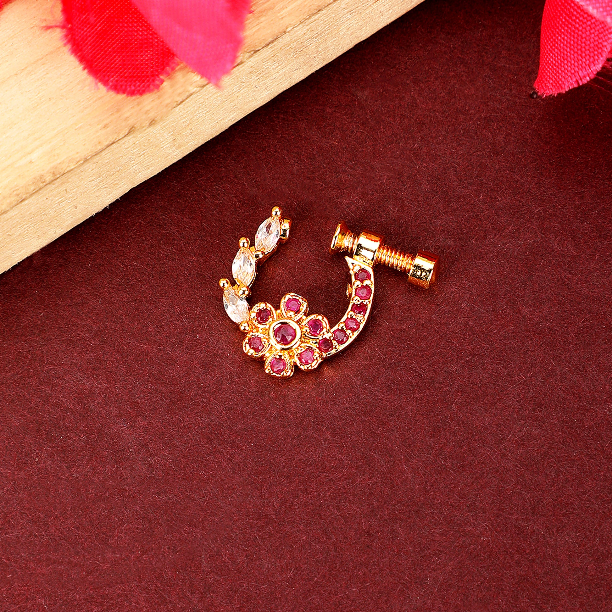 Imperial Floral-shaped Gold Plated Screw Nose Pin - Opal Touch