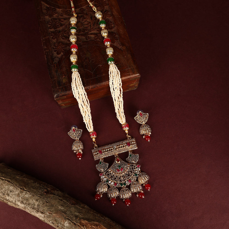 Opal Touch - 3 Layered Multicolor Polki Kundan Moti Mala Necklace - Opal Touch - Necklace