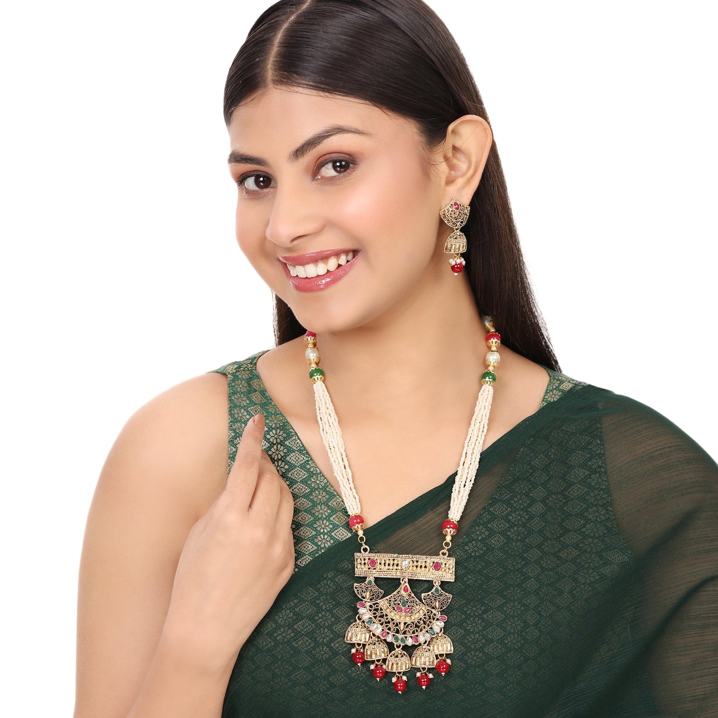 Opal Touch - 3 Layered Multicolor Polki Kundan Moti Mala Necklace - Opal Touch - Necklace