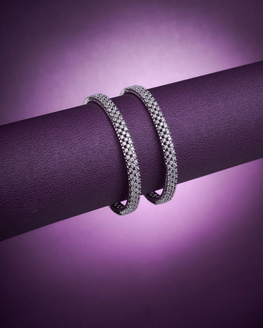 Opal Touch - 3 Line AD Studded Rhodium Plated Bangles (Pack of 2) - Bangles