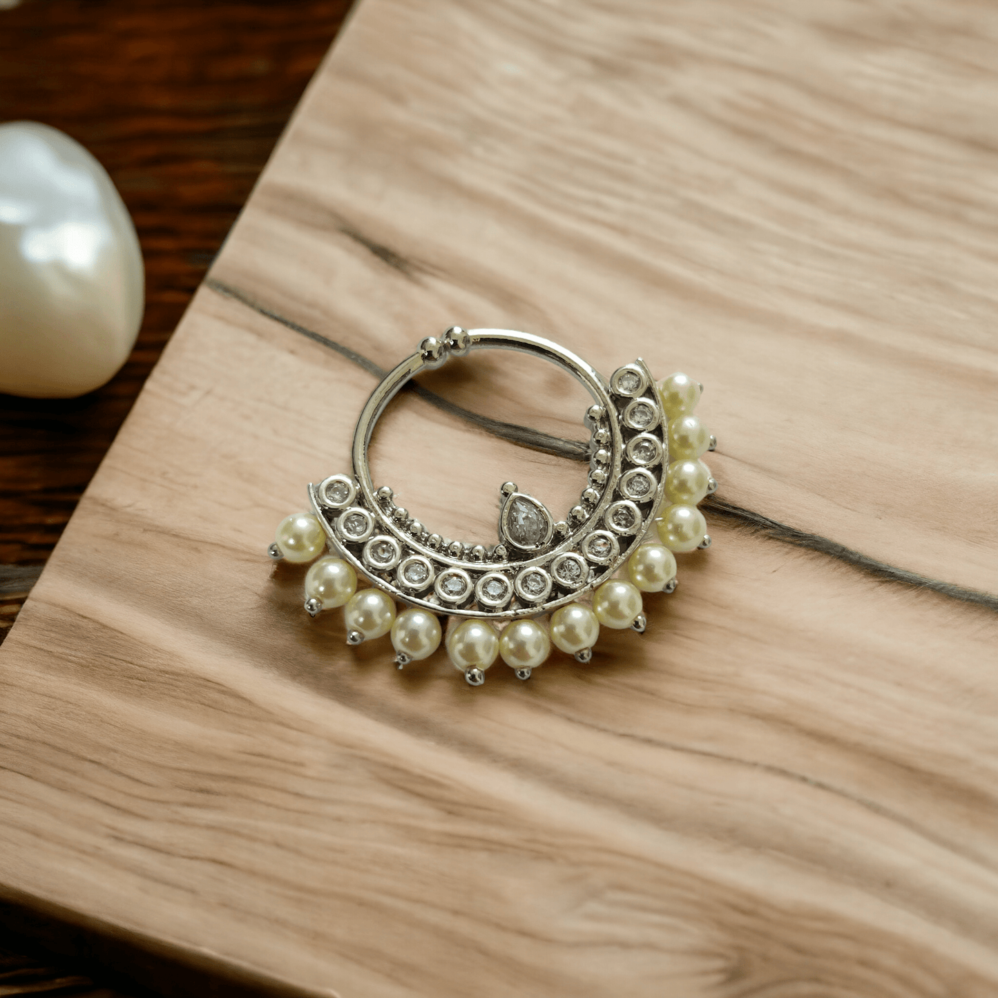 Opal Touch - 3.5x3cm Rhodium Pearl Nose Pin - Nose Pin