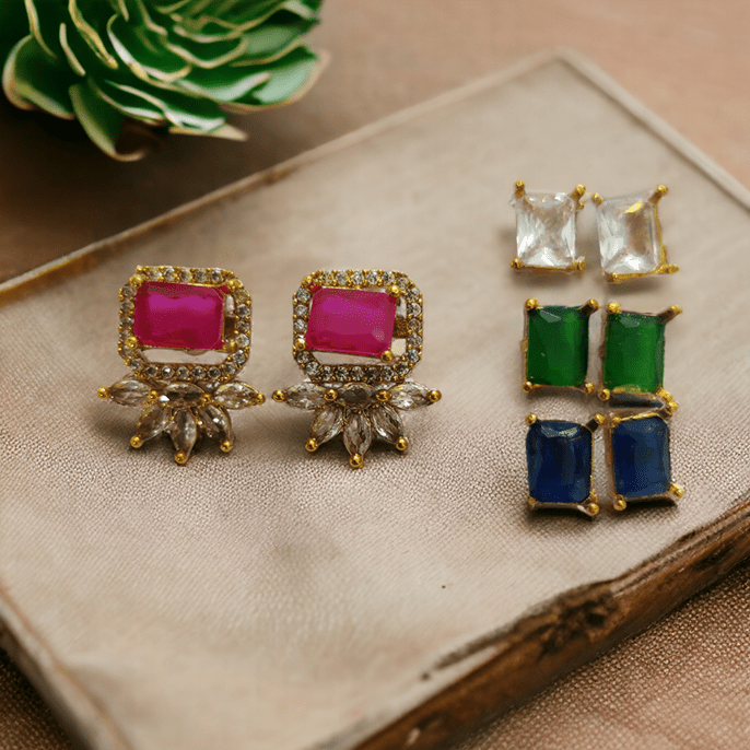 Opal Touch - 4 Color Changeable Matte Square Studs - Earrings