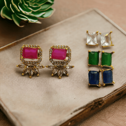Opal Touch - 4 Color Changeable Matte Square Studs - Earrings