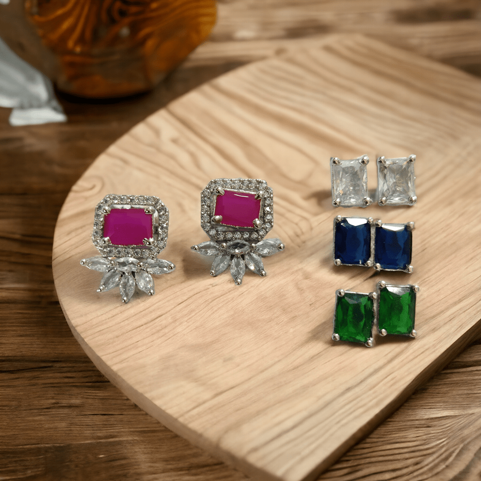 Opal Touch - 4 Color Changeable Rhodium Square Studs - Earrings
