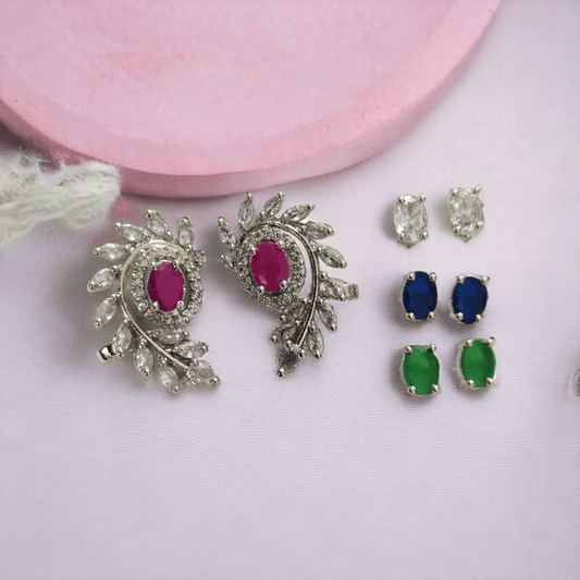 Opal Touch - 4 Color Changeable Rhodium Studs - Earrings