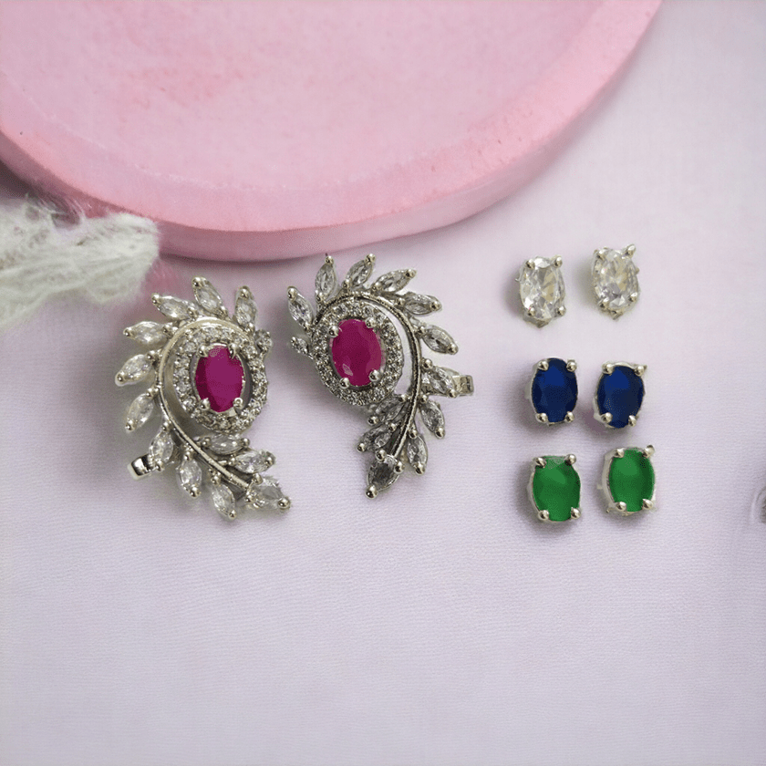 Opal Touch - 4 Color Changeable Rhodium Studs - Earrings