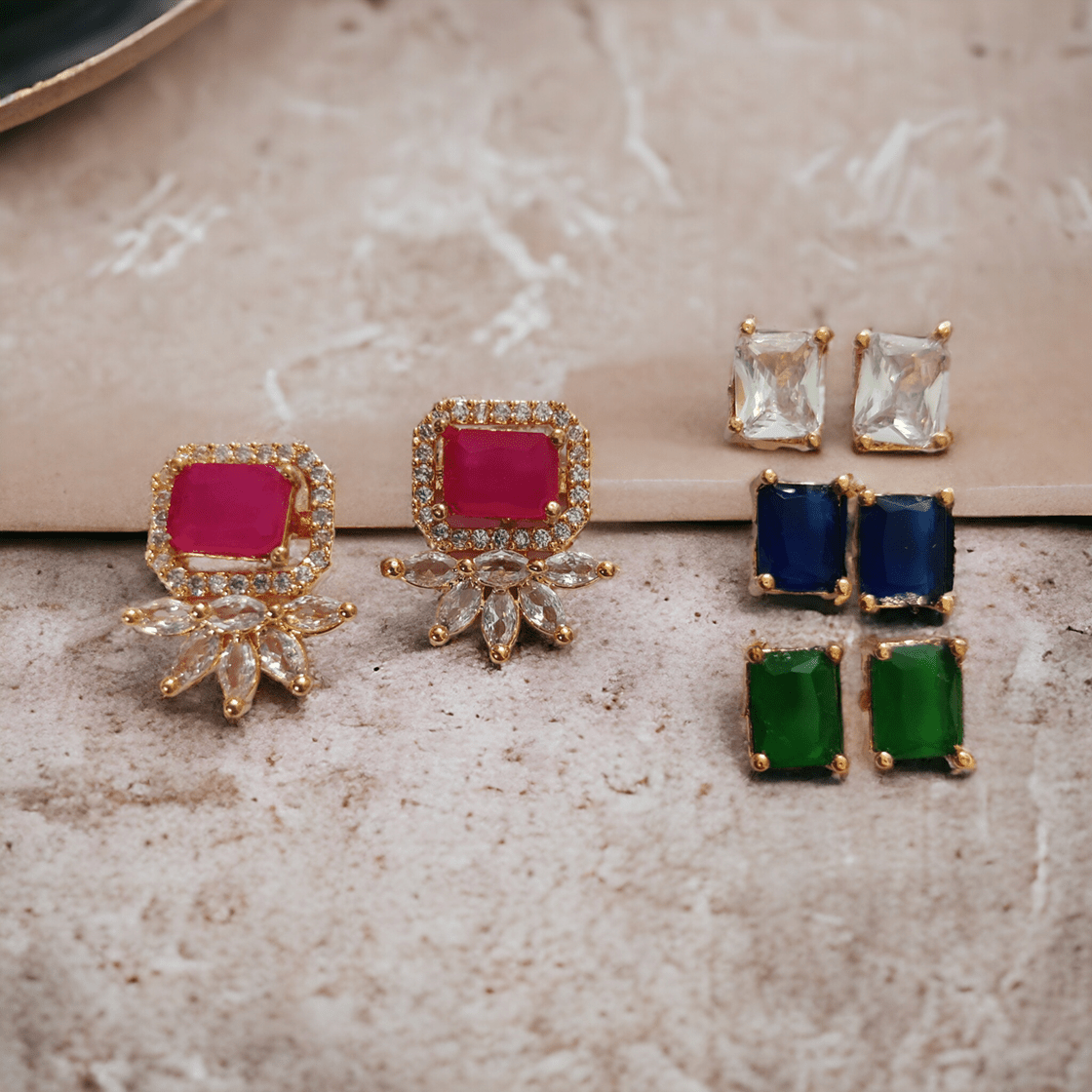 Opal Touch - 4 Color Changeable Rose Gold Square Studs - Earrings