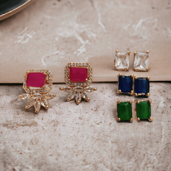 Opal Touch - 4 Color Changeable Rose Gold Square Studs - Earrings