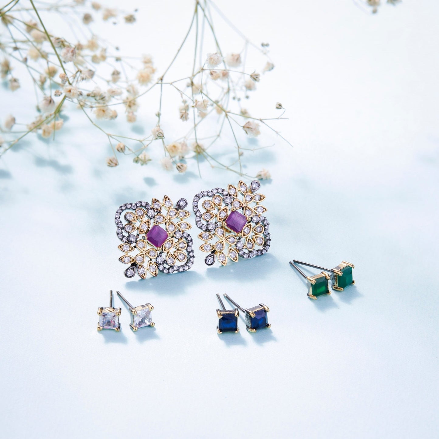 Earrings - 4 Color Interchangeable Modular Golden Black Studs - Opal Touch