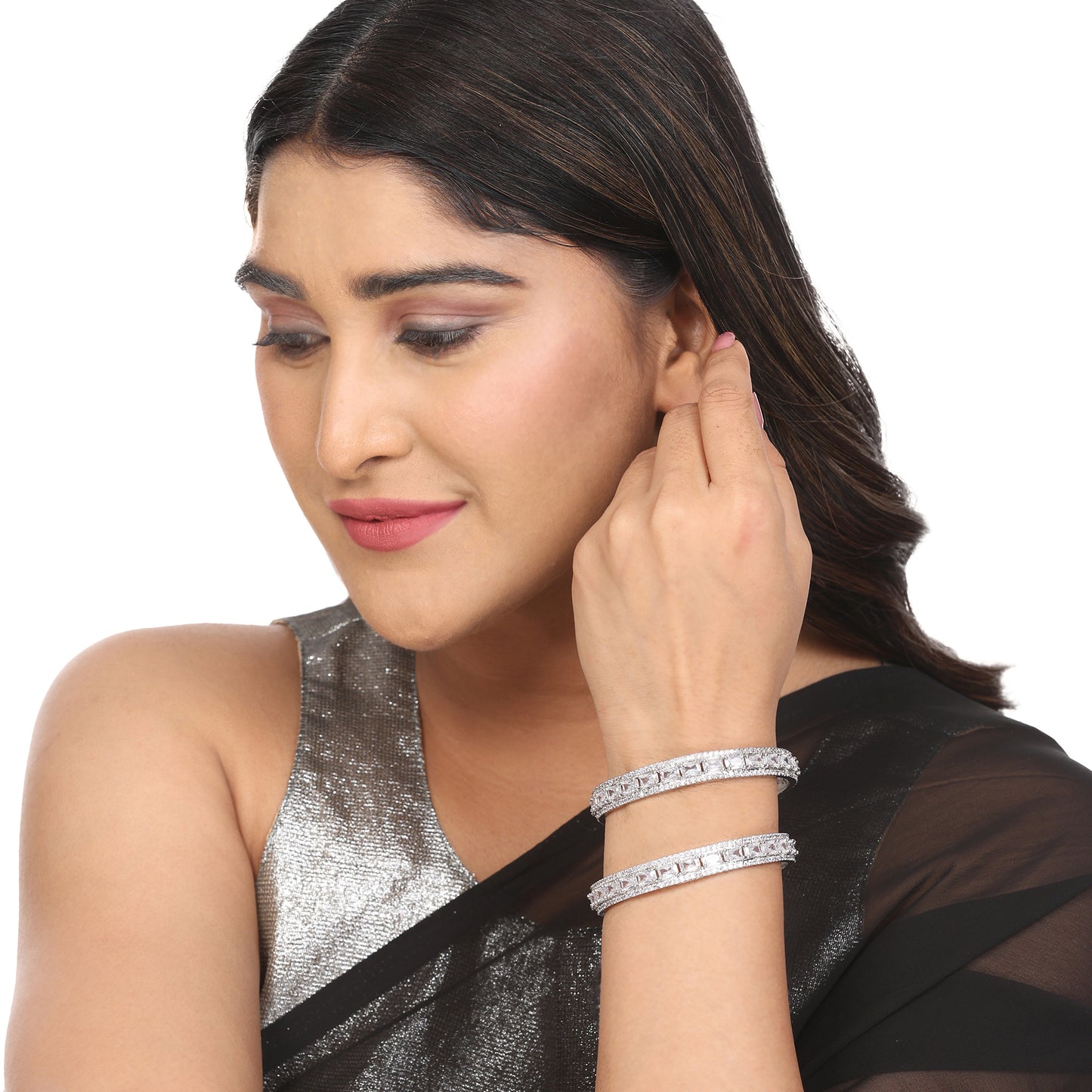 Crystal Cubic Zirconia Rhodium Bangles (Pack of 2) - Opal Touch