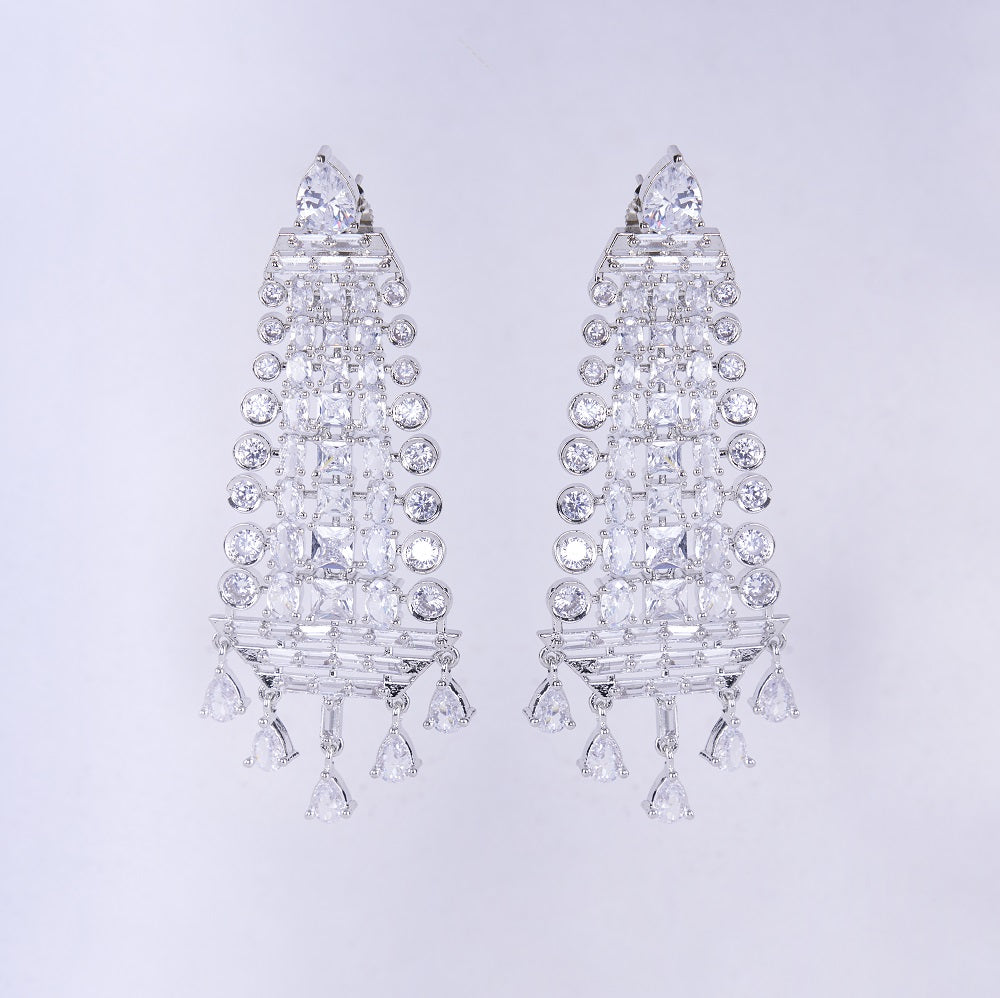 Ethereal White Serenade: Brass Rhodium CZ Earrings - Opal Touch