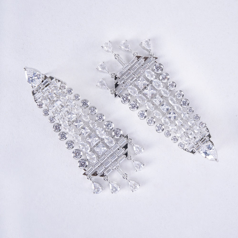 Ethereal White Serenade: Brass Rhodium CZ Earrings - Opal Touch