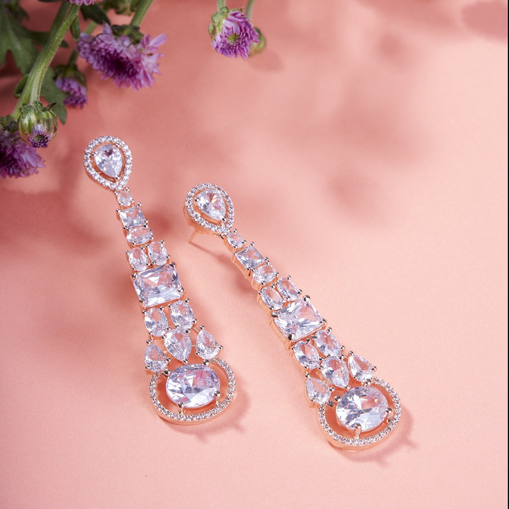 Radiant White Melody: Brass Rose Gold CZ Earrings - Opal Touch