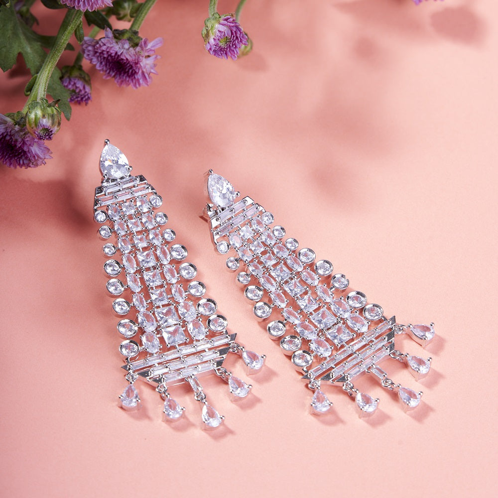 Ethereal White Serenade: Brass Rhodium CZ Earrings - Opal Touch