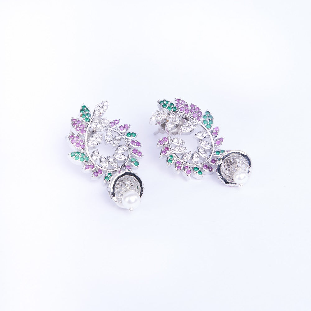 Enchanting Red-Green Harmony: Brass Rhodium CZ Earrings - Opal Touch