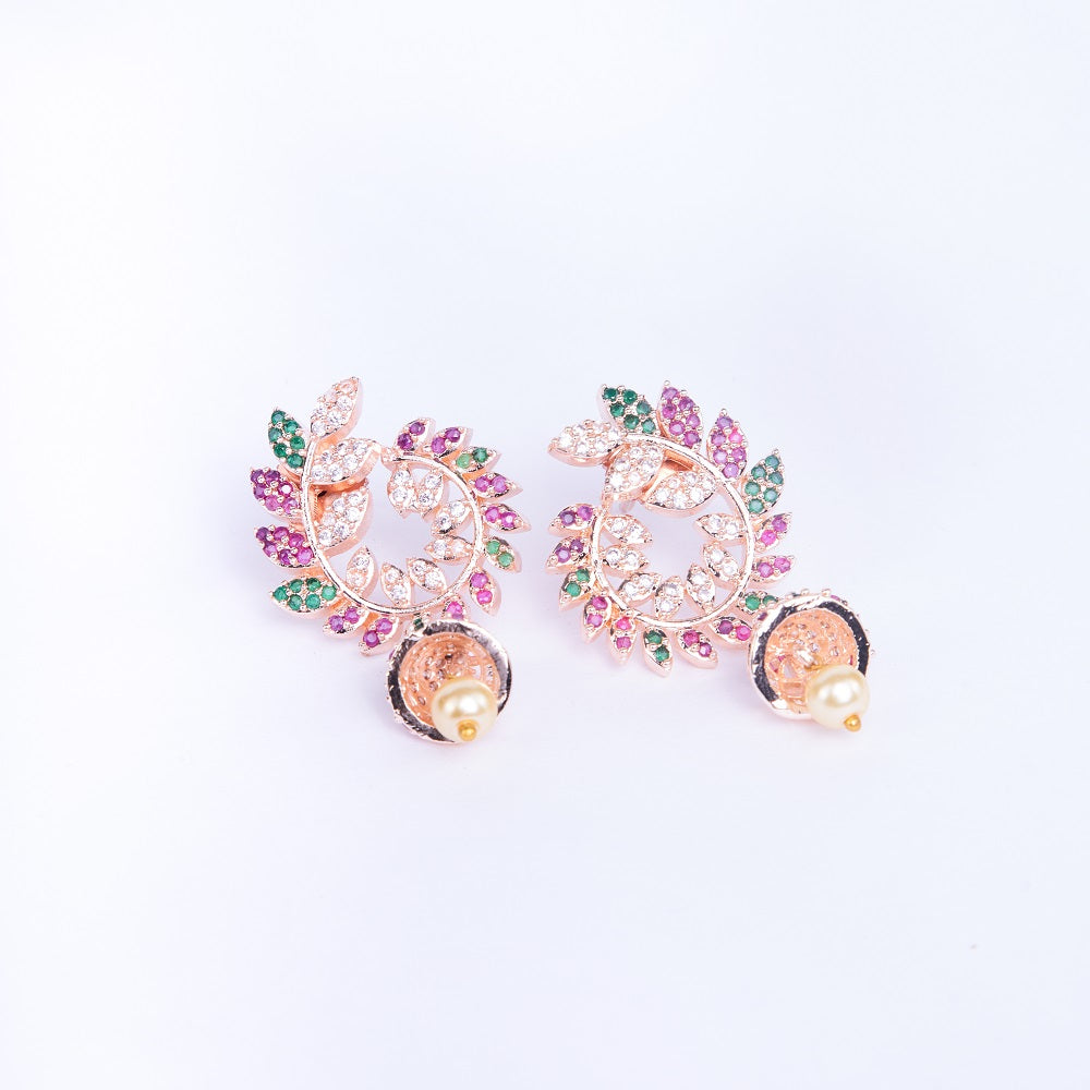 Whimsical Red-Green Symphony: Brass Rose Gold CZ Earrings - Opal Touch