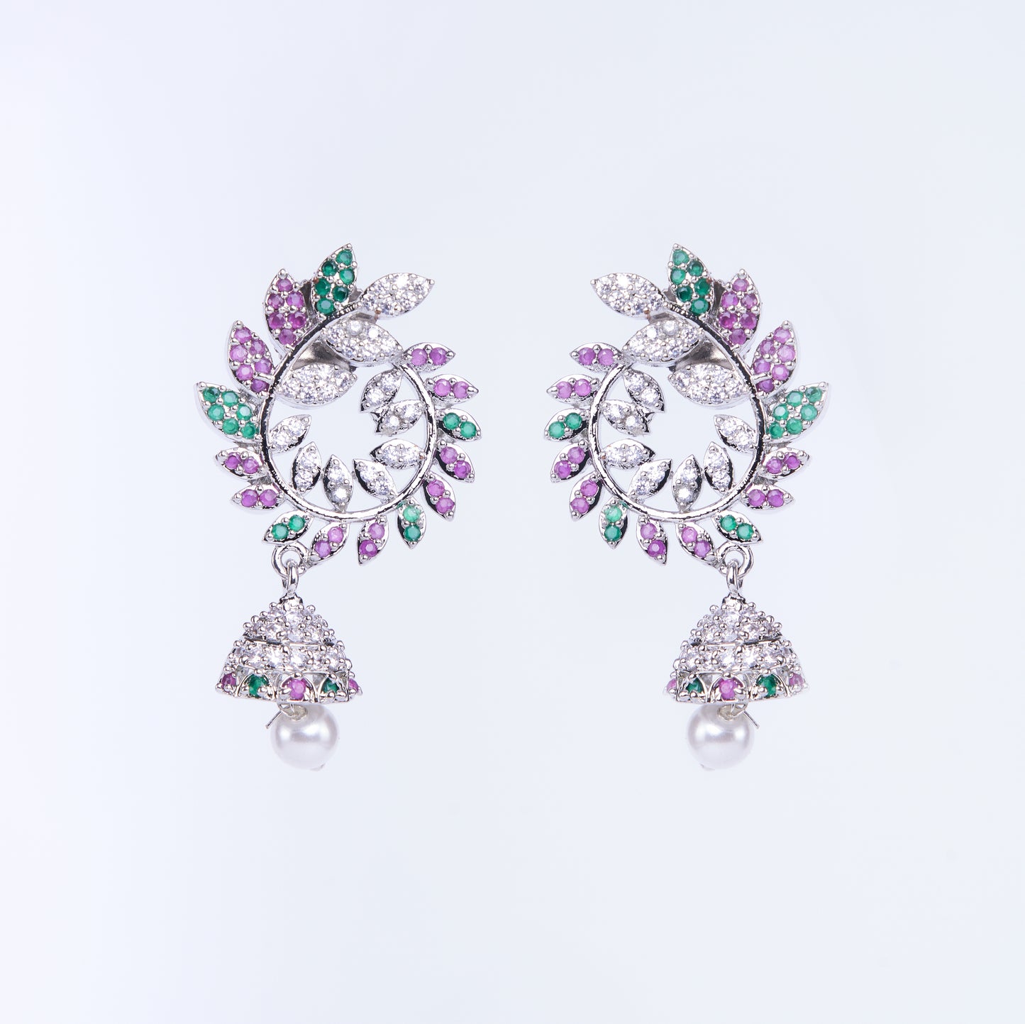 Enchanting Red-Green Harmony: Brass Rhodium CZ Earrings - Opal Touch