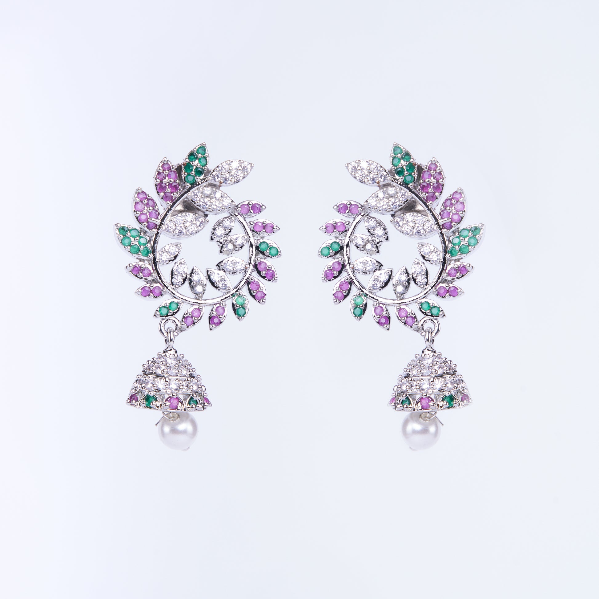 Enchanting Red-Green Harmony: Brass Rhodium CZ Earrings - Opal Touch