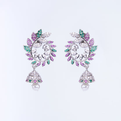 Enchanting Red-Green Harmony: Brass Rhodium CZ Earrings - Opal Touch