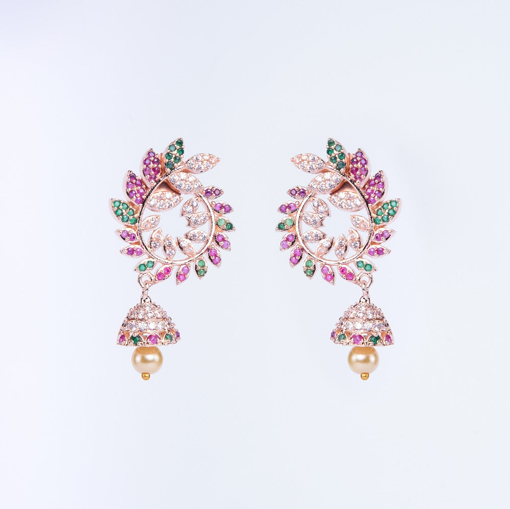 Whimsical Red-Green Symphony: Brass Rose Gold CZ Earrings - Opal Touch