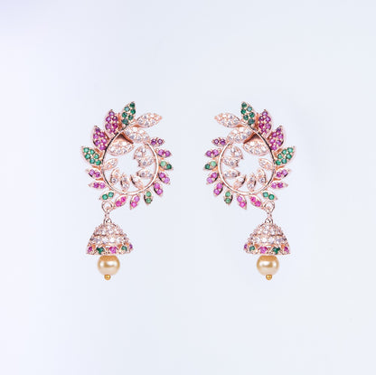 Whimsical Red-Green Symphony: Brass Rose Gold CZ Earrings - Opal Touch