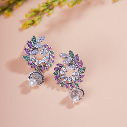 Enchanting Red-Green Harmony: Brass Rhodium CZ Earrings - Opal Touch