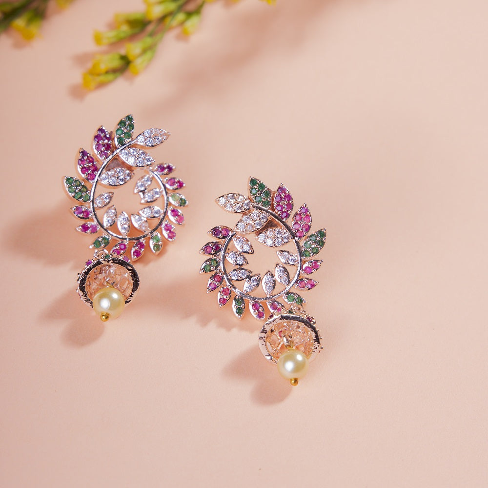 Whimsical Red-Green Symphony: Brass Rose Gold CZ Earrings - Opal Touch