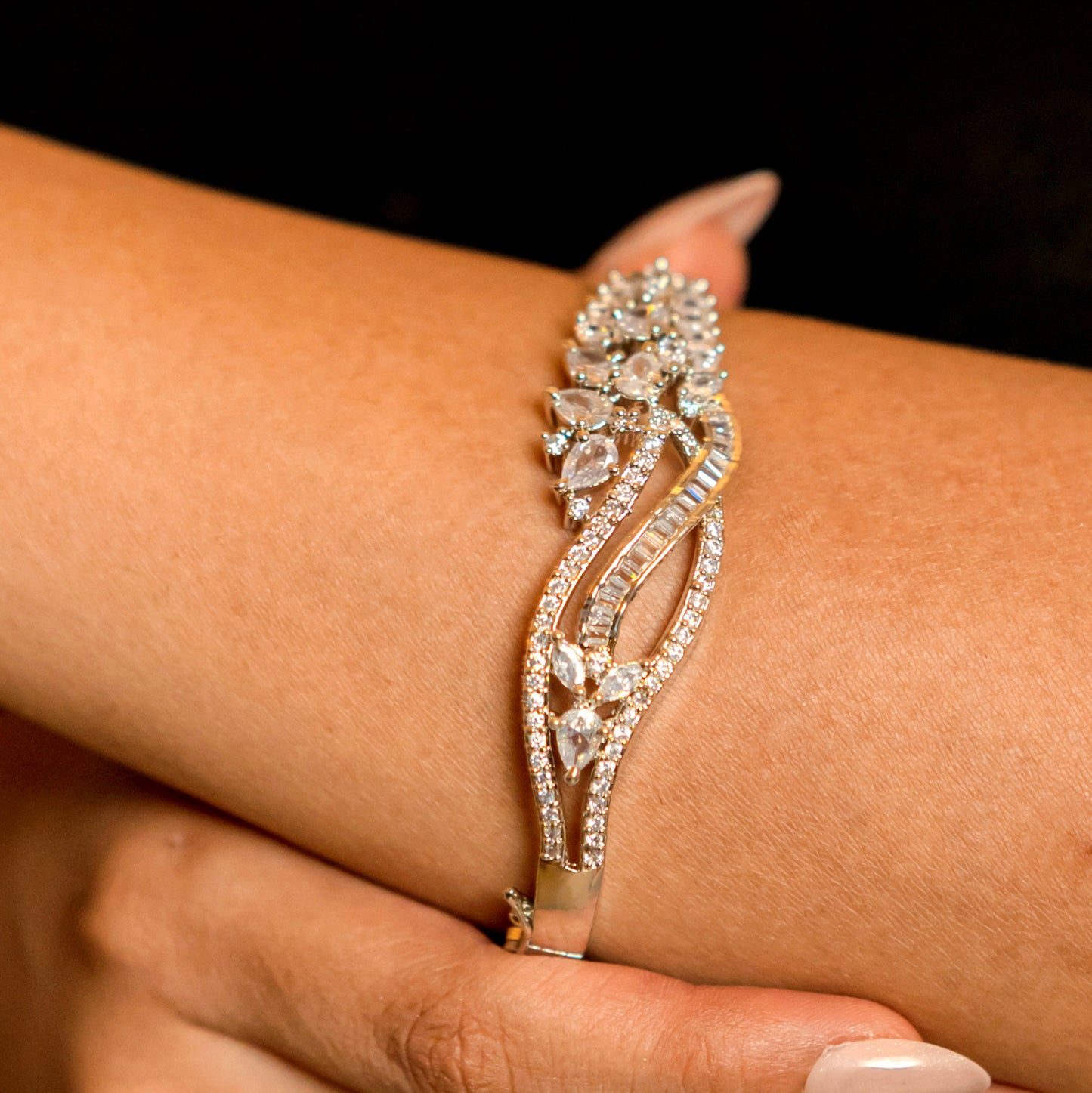 Women Wear Glittering White Rhodium Bracelet