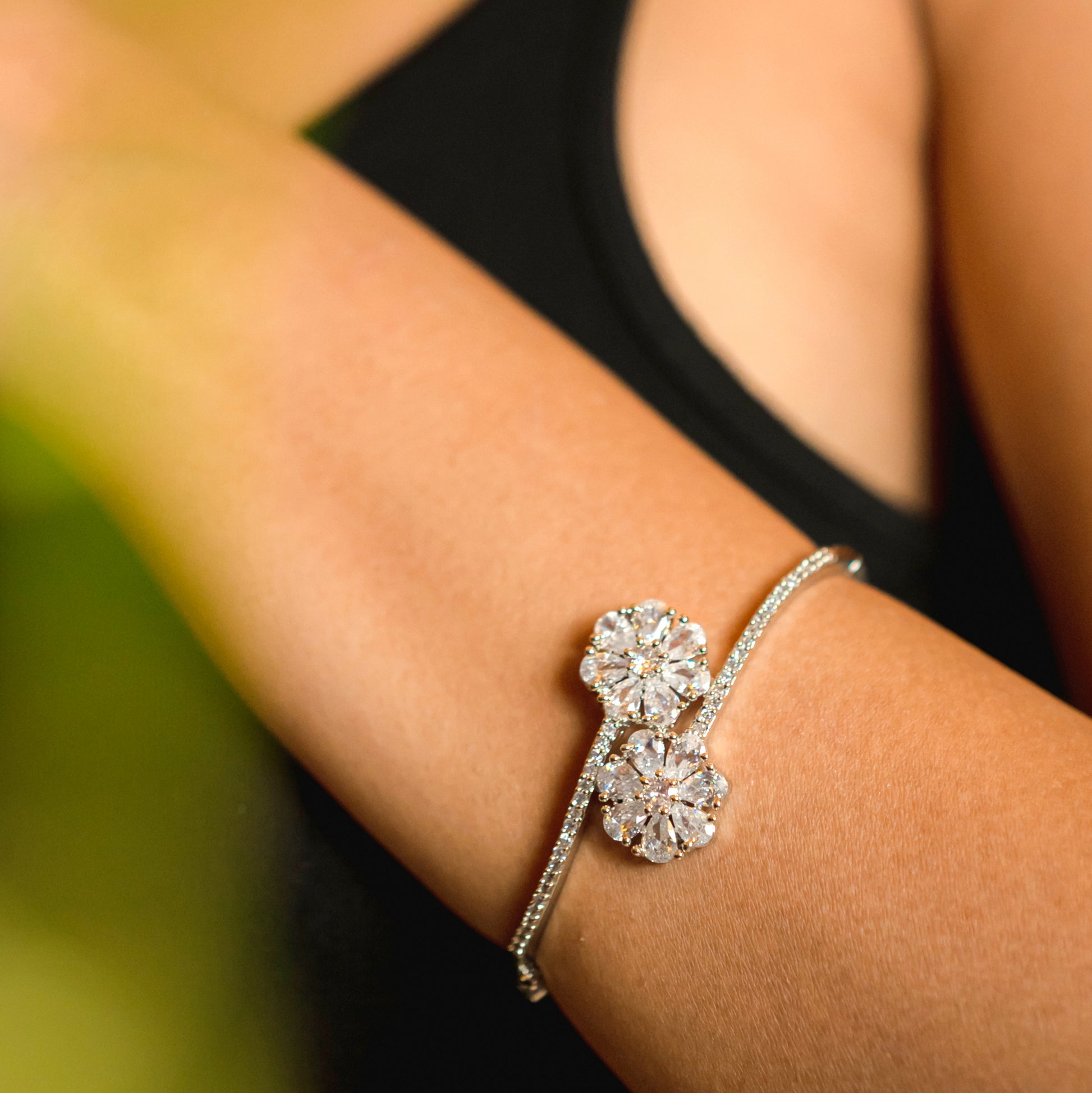 Women Wearing Mesmerizing White Rhodium Bracelet