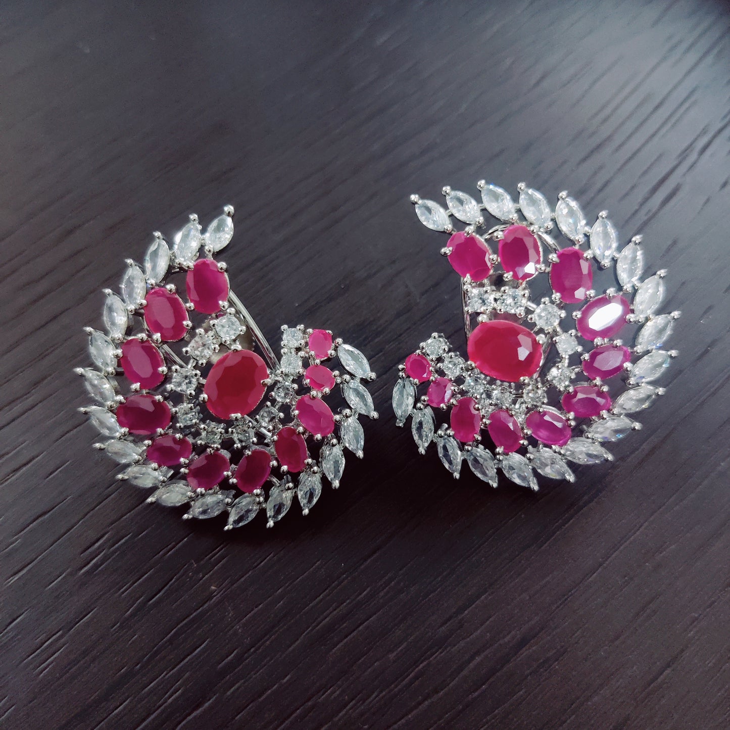 Radiant Red-White Rhodium Earrings - Opal Touch