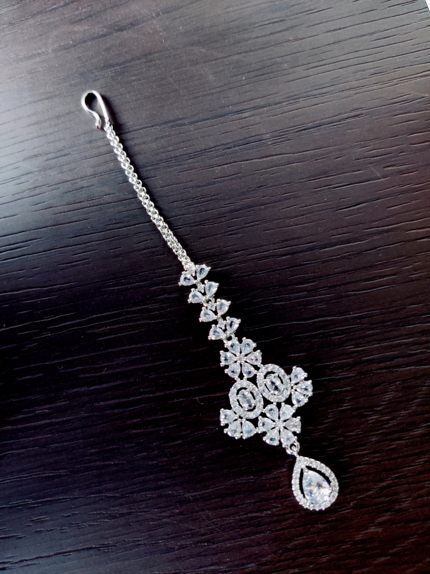 Exclusive Silver Cz Long Necklace with Earrings and Tika - Opal Touch