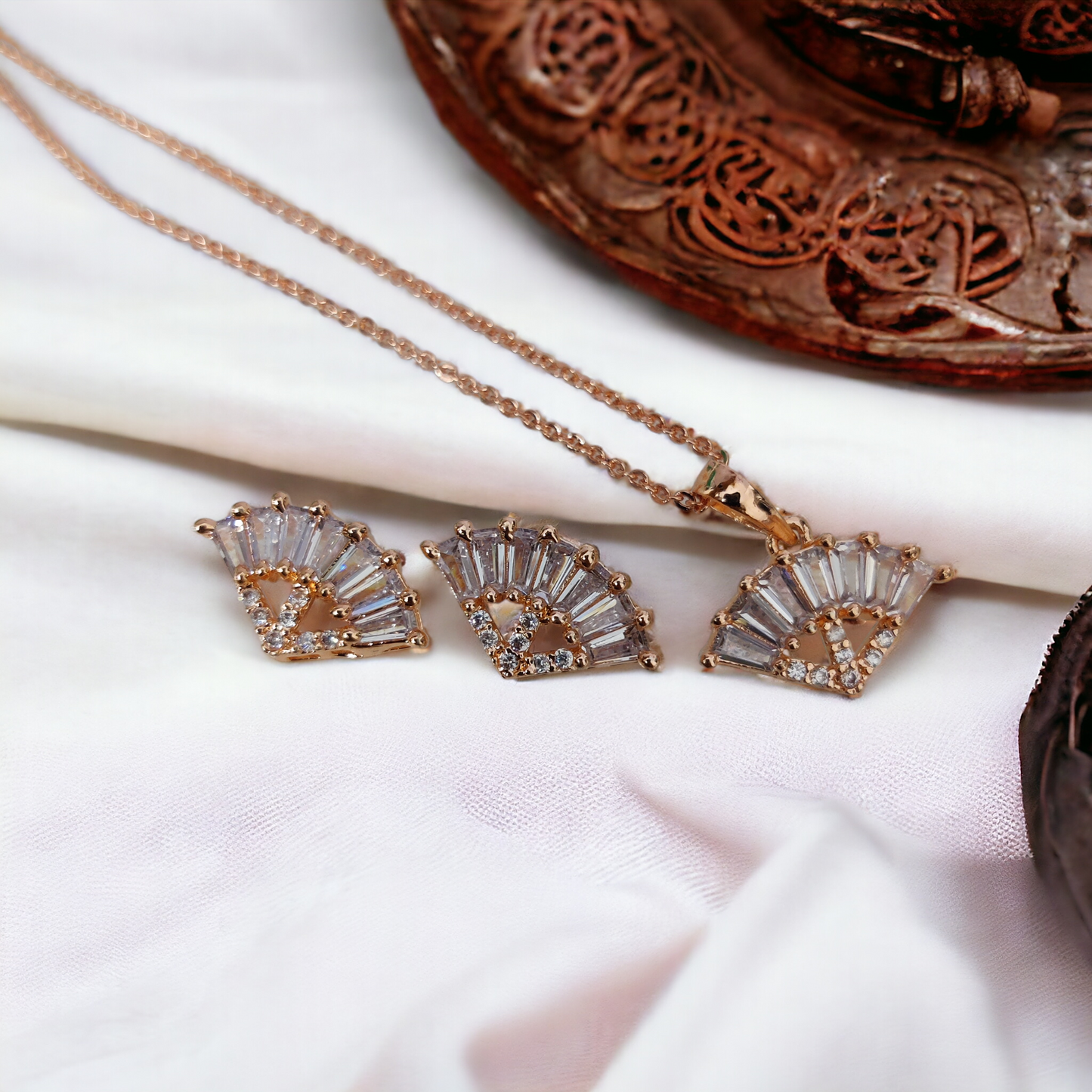 Glamorous Rose Gold Locket Set with Diamante Border - Opal Touch