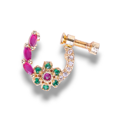 Imperial Floral-shaped Gold Plated Screw Nose Pin - Opal Touch