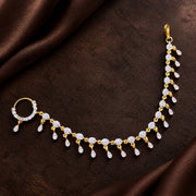 CZ Nath Nose Ring with Long Chain, Teardrop Charms & Oval Stone Detailing