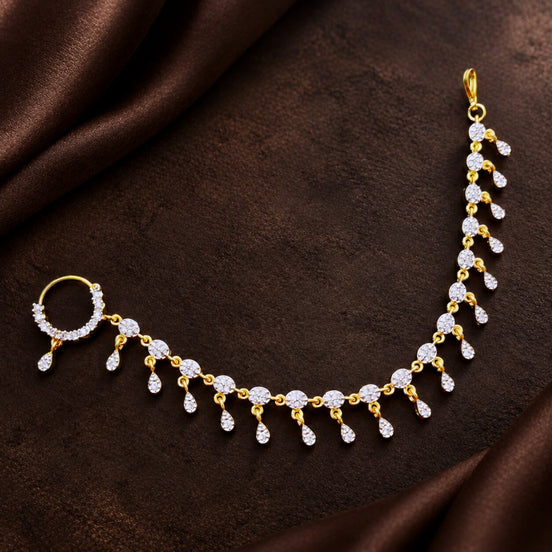 CZ Nath Nose Ring with Long Chain, Teardrop Charms & Oval Stone Detailing