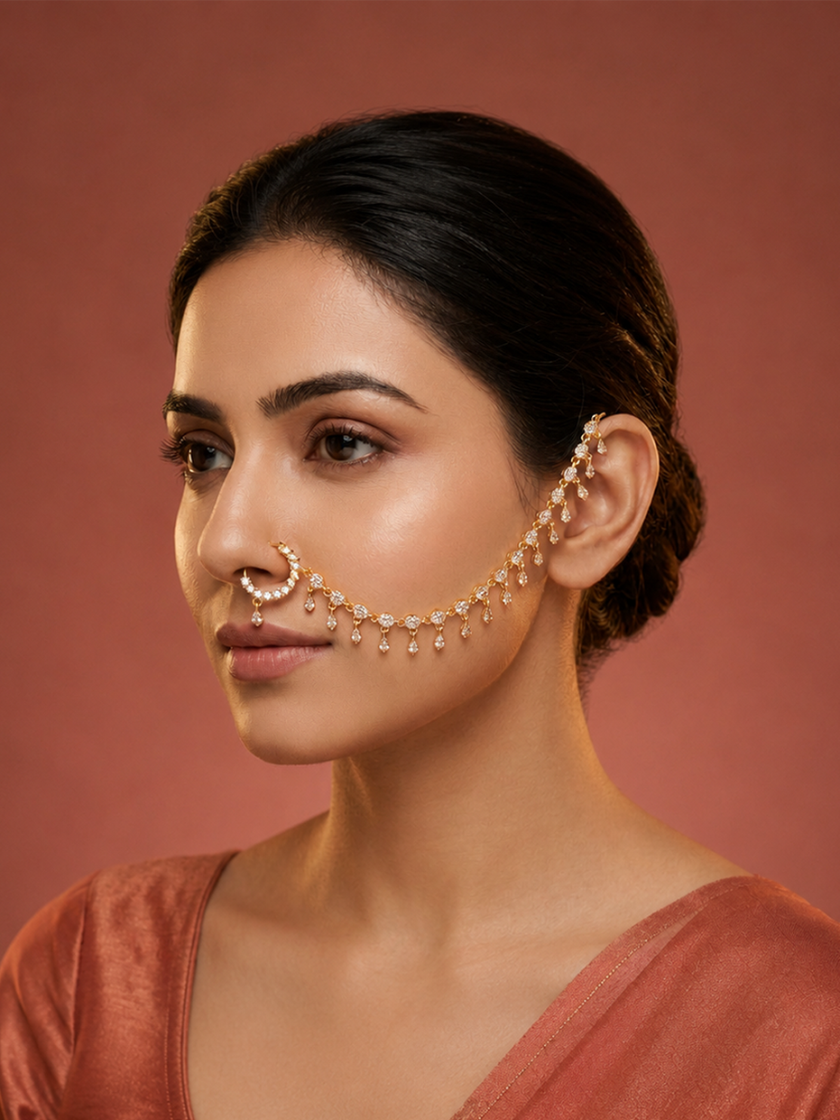 CZ Nose Pin with Oval Stone & Teardrop Charm Design Nose Ring