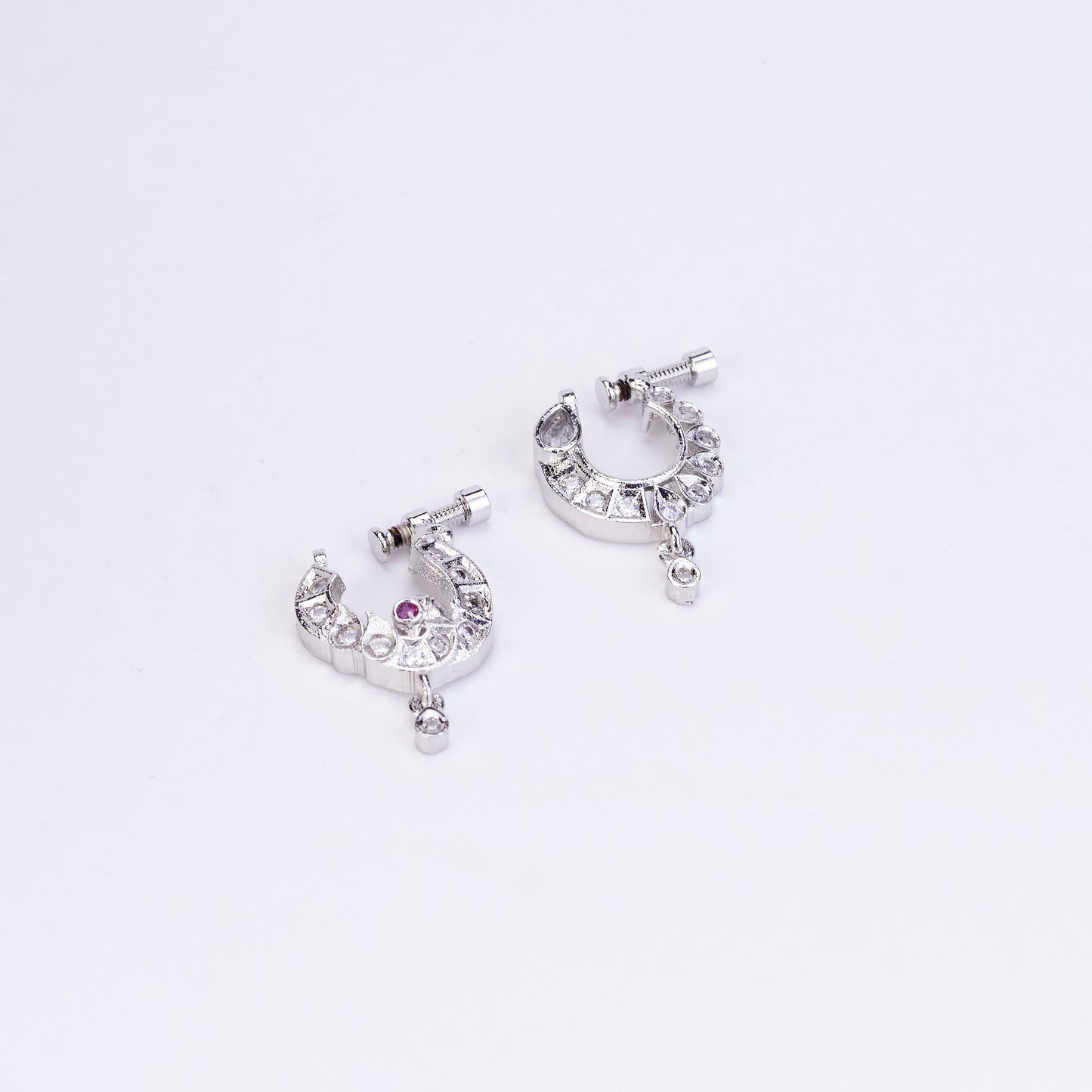 Crescent Bird-Shaped Rhodium Plated Combo Nose Pin
