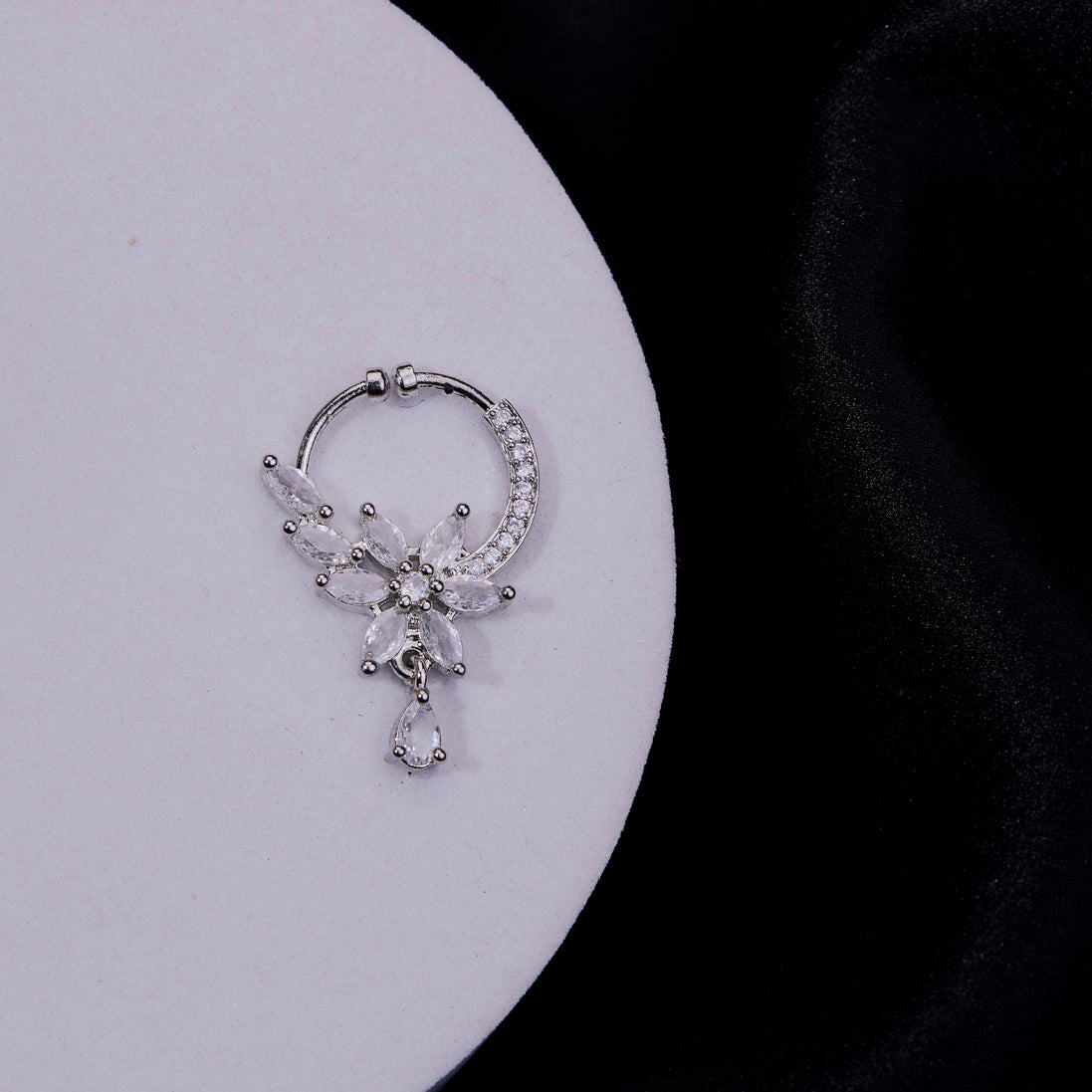 Floral Cascading AD Rhodium Plated Nose Pin