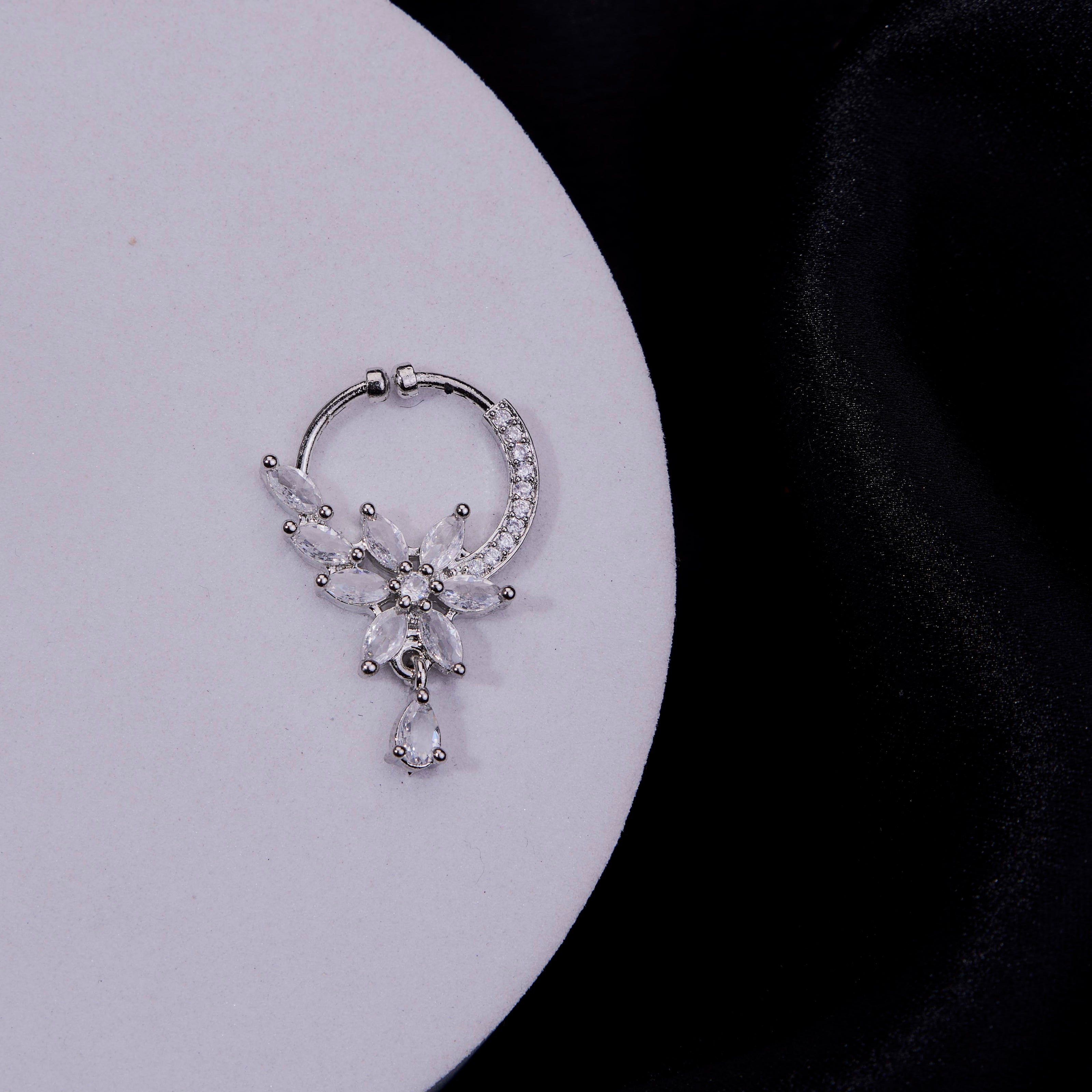 Floral Cascading AD Rhodium Plated Nose Pin