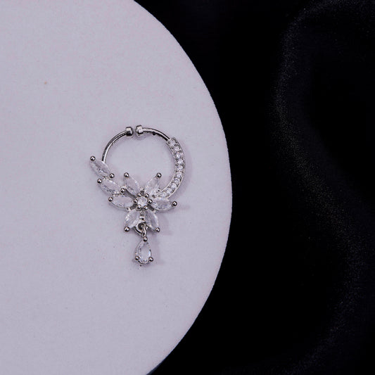 Floral Cascading AD Rhodium Plated Nose Pin
