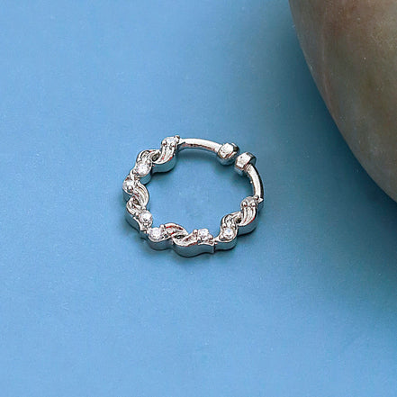 Floral Motif Hoop Rhodium Plated AD Nose Pin