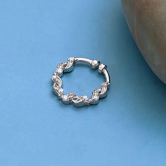 Floral Motif Hoop Rhodium Plated AD Nose Pin