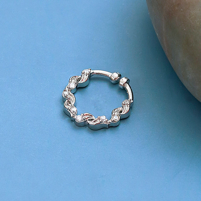 Floral Motif Hoop Rhodium Plated AD Nose Pin