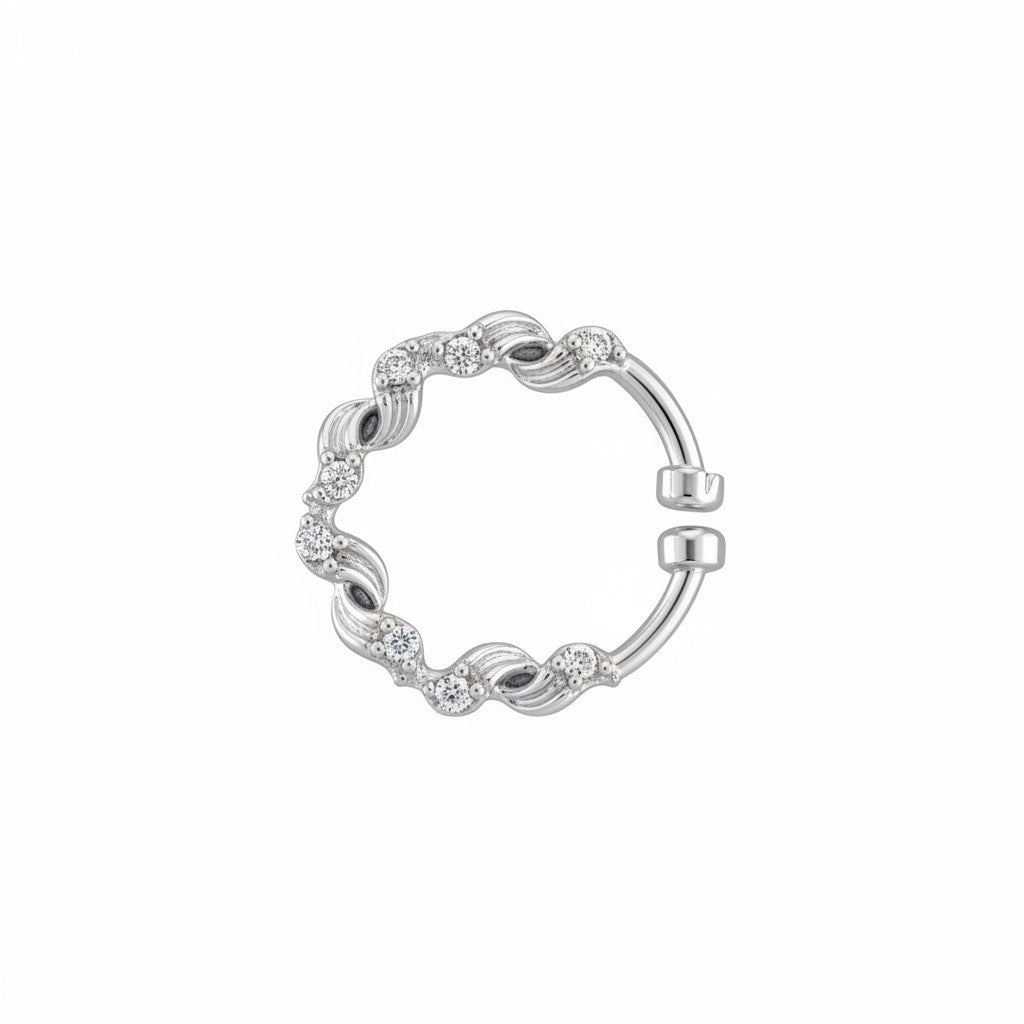Floral Motif Hoop Rhodium Plated AD Nose Pin