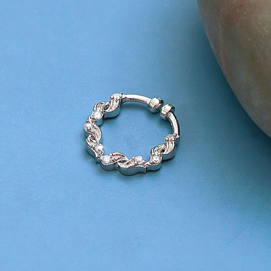 Floral Motif Hoop Rhodium Plated AD Nose Pin