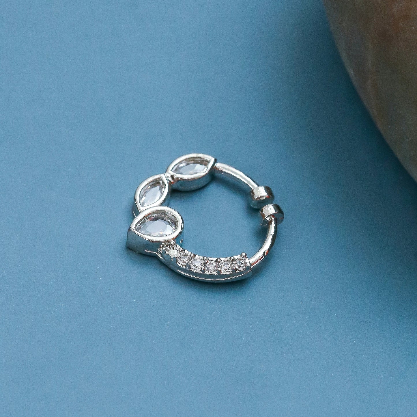 Rhodium Plated Triple Teardrop CZ Nose Pin
